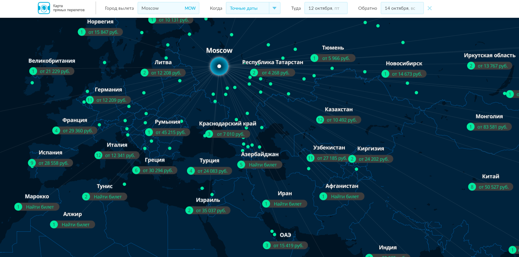 Карта прямых перелетов